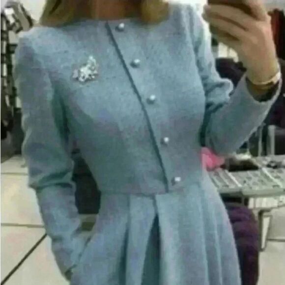 Floryday Blue Tweed A-line Long Sleeve Dress - Picture 1 of 15